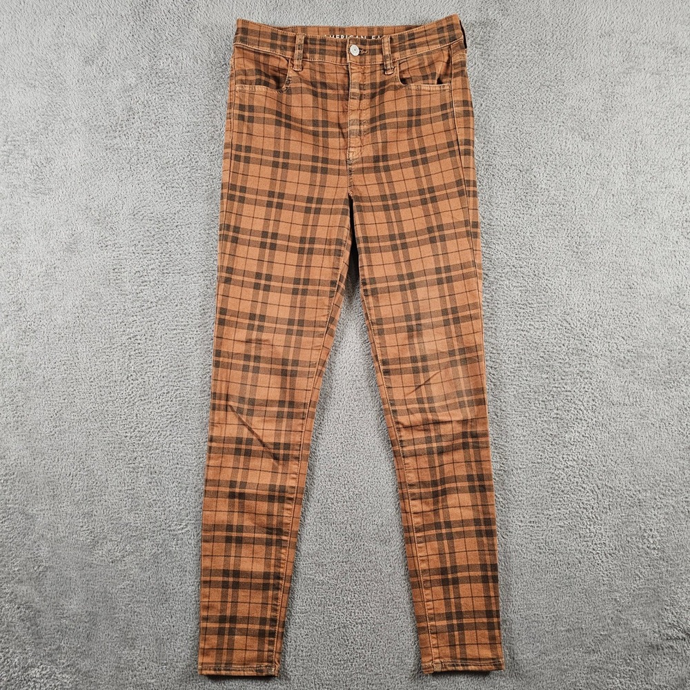 American Eagle Super Hi-Rise Jegging Brown Plaid Pants Next Level Stretch Size 8